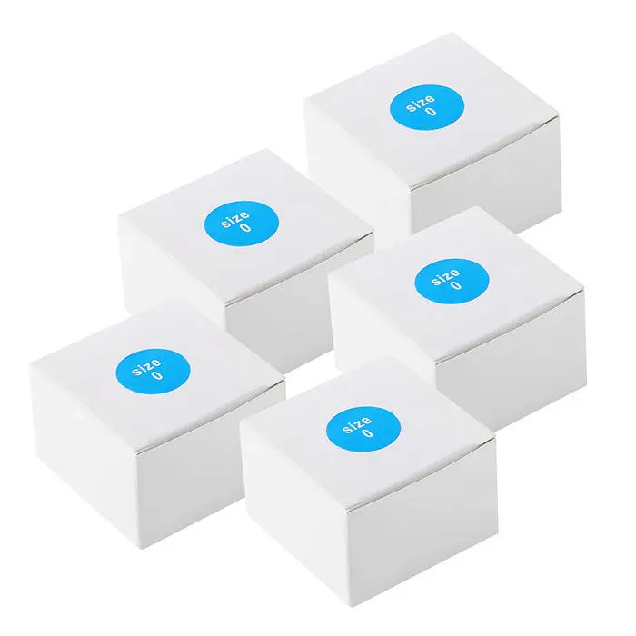 Dental X Ray Phosphor Plate Barrier Envelopes Size #0 #1 #2 100pcs/Box - Five white boxes with blue circular labels stacked together, showcasing protective envelopes for dental x-ray plates in various sizes, ensuring hygiene and safety during dental procedures.