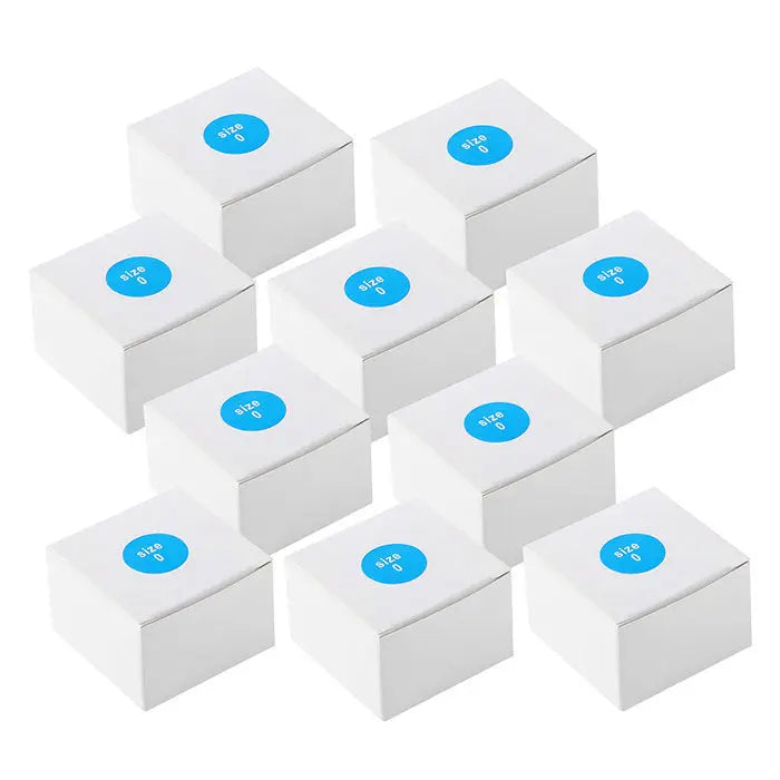 Dental X Ray Phosphor Plate Barrier Envelopes Size #0 #1 #2 100pcs/Box: Ten white boxes with blue circular labels stacked in a pyramid formation, representing protective envelopes for dental X-ray plates in various sizes, ensuring hygiene and efficiency in dental practices.