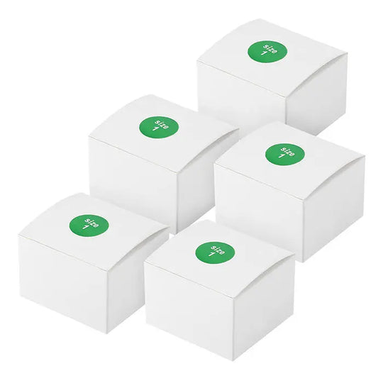 Dental X Ray Phosphor Plate Barrier Envelopes Size #0 #1 #2 100pcs/Box: Five white boxes with green circular labels displaying size information, stacked in a pyramid formation. Dental hygiene product packaging for protective barriers used in X-ray imaging.