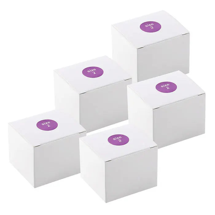 Dental X Ray Phosphor Plate Barrier Envelopes Size #0 #1 #2 100pcs/Box displayed as five white boxes with purple circular labels. The boxes are arranged in a staggered pattern, showcasing the product packaging for dental X-ray barrier envelopes in various sizes.