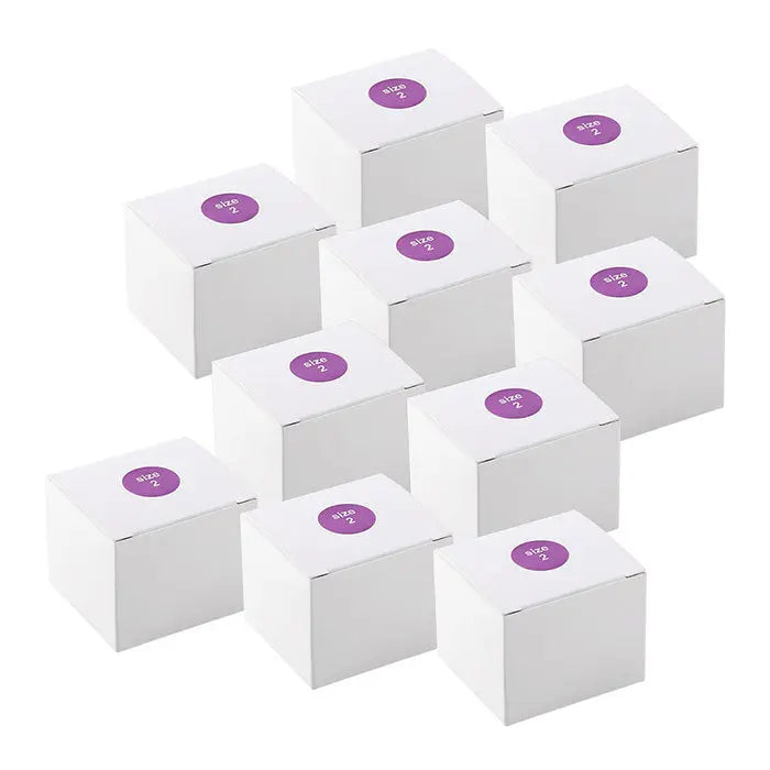 Dental X Ray Phosphor Plate Barrier Envelopes Size #0 #1 #2 100pcs/Box displayed as stacked white boxes with purple circular labels, showcasing product packaging for dental x-ray supplies in various sizes