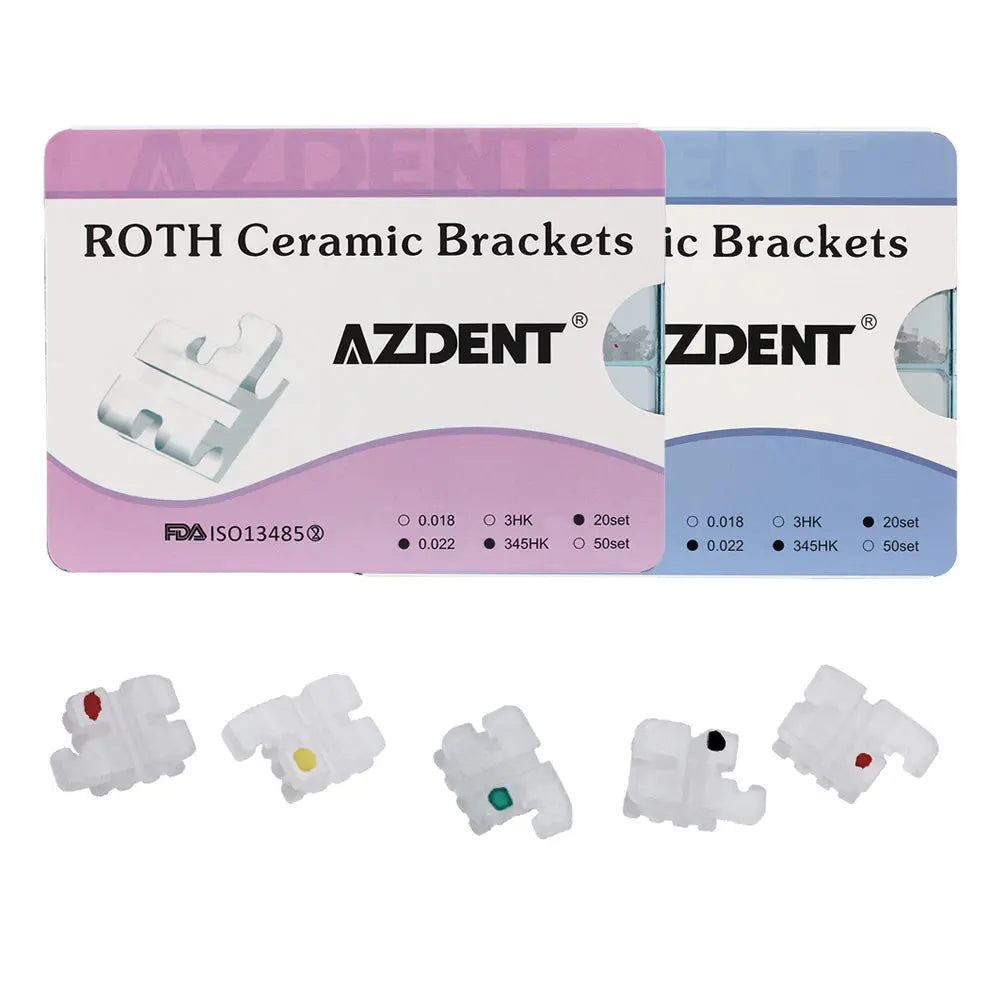 Dental Orthodontic Ceramic Brackets Roth/MBT .022 345Hooks 400pcs/Box: AZDENT brand packaging for ROTH Ceramic Brackets, showing product details and FDA certification. Below are five ceramic bracket samples in white with colored dots, demonstrating different configurations.