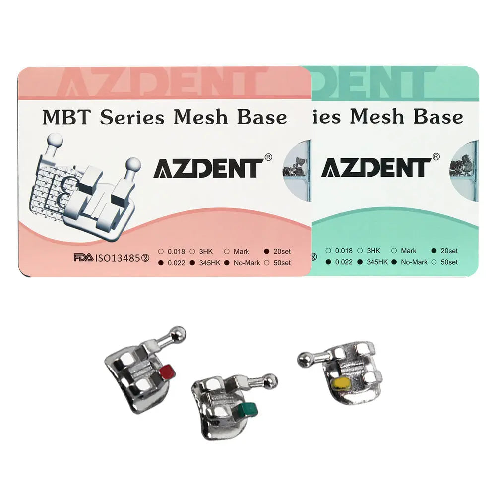 AZDENT Dental Mesh Base Metal Brackets Mini Roth/MBT .022 Hooks on 345 400pcs/Box. Product packaging and close-up of three metal orthodontic brackets with colored markers, showcasing MBT Series Mesh Base design for easy bonding and smooth surfaces.