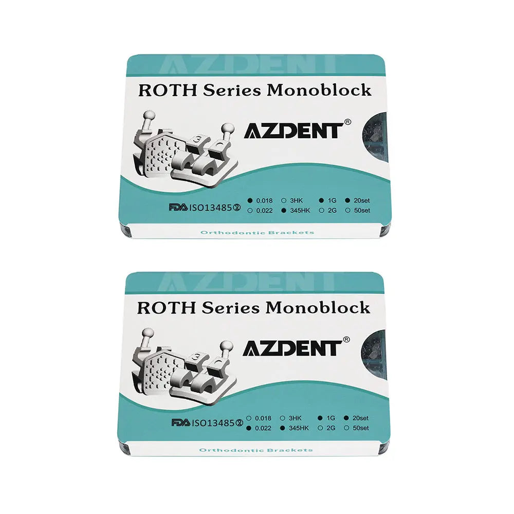 AZDENT Dental Mini Metal Brackets Monoblock Roth .022/.018 Hooks on 345 20 Sets/Box, displayed in two teal and white packaging boxes featuring product details and orthodontic bracket illustrations