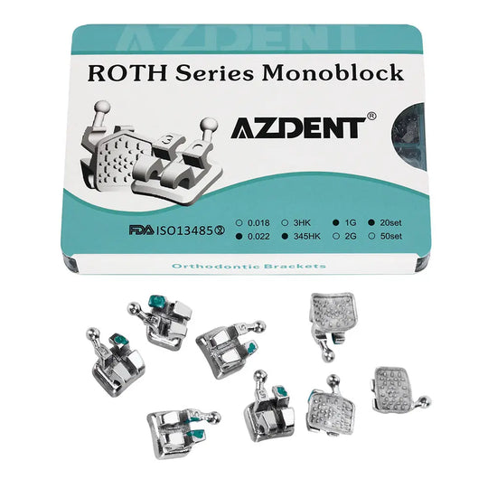 Dental Mini Metal Brackets Monoblock Roth .022/.018 Hooks on 345 20 Sets/Box: AZDENT orthodontic brackets package with product details and FDA certification, showcasing various metal bracket designs with hooks and slots for dental applications