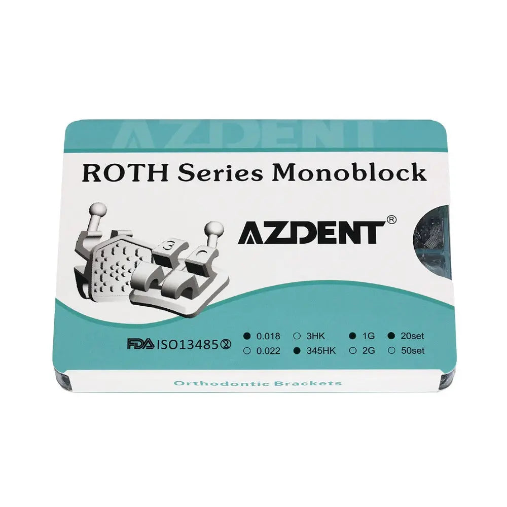 Dental Mini Metal Brackets Monoblock Roth .022/.018 Hooks on 345 20 Sets/Box AZDENT brand orthodontic brackets package with teal border, showing product details and FDA certification for ROTH Series Monoblock brackets