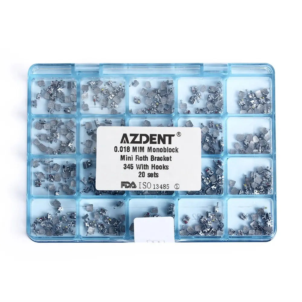 Dental Mini Metal Brackets Monoblock Roth .022/.018 Hooks on 345 20 Sets/Box in transparent blue plastic organizer case. Multiple compartments filled with small silver metal orthodontic brackets. Product label visible showing AZDENT brand and specifications.