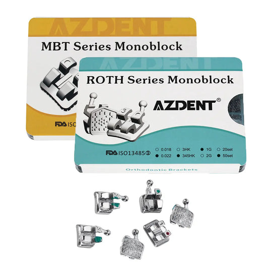 1000pcs Dental Metal Brackets Monoblock Mini Roth/MBT .022 Hooks On 345 50 Sets/Box. Image shows product packaging for MBT and ROTH Series Monoblock brackets by AZDENT, with examples of metal orthodontic brackets displayed below the boxes.