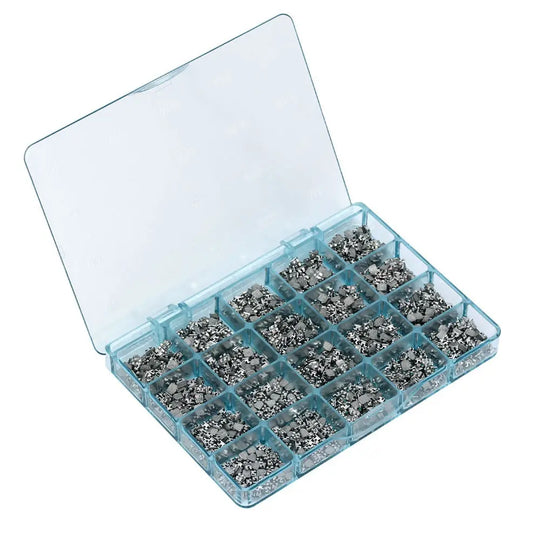 Clear plastic organizer box filled with 1000pcs Dental Metal Brackets Monoblock Mini Roth/MBT .022 Hooks On 345, divided into compartments. Box lid open, showcasing multiple small silver metal orthodontic brackets neatly arranged in each section.