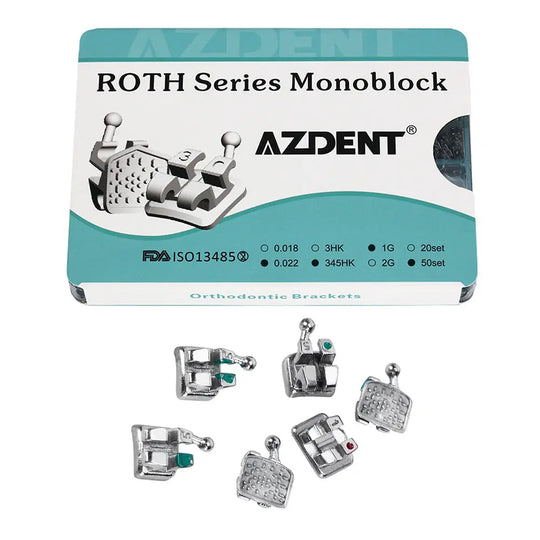 AZDENT ROTH Series Monoblock dental metal brackets, 1000pcs, .022 with hooks on 345. Product packaging showing orthodontic brackets specifications and FDA approval. Multiple metal bracket samples displayed below, demonstrating various designs for 1000pcs Dental Metal Brackets Monoblock Mini Roth/MBT .022 Hooks On 345 50 Sets/Box.