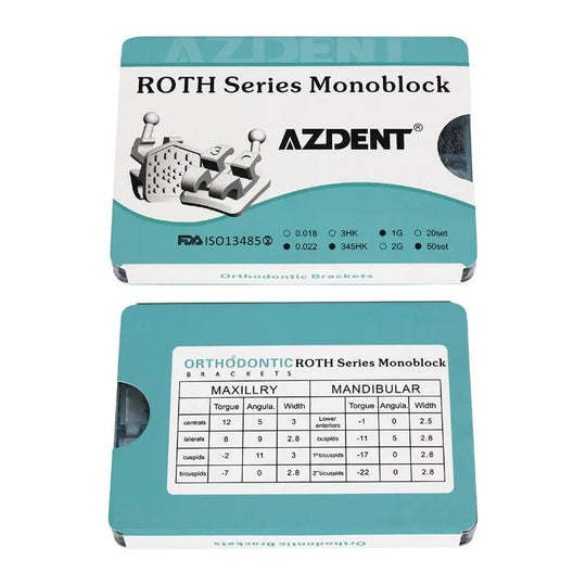 1000pcs Dental Metal Brackets Monoblock Mini Roth/MBT .022 Hooks On 345 50 Sets/Box. AZDENT ROTH Series Monoblock orthodontic brackets packaging with product details and specifications chart for maxillary and mandibular applications.