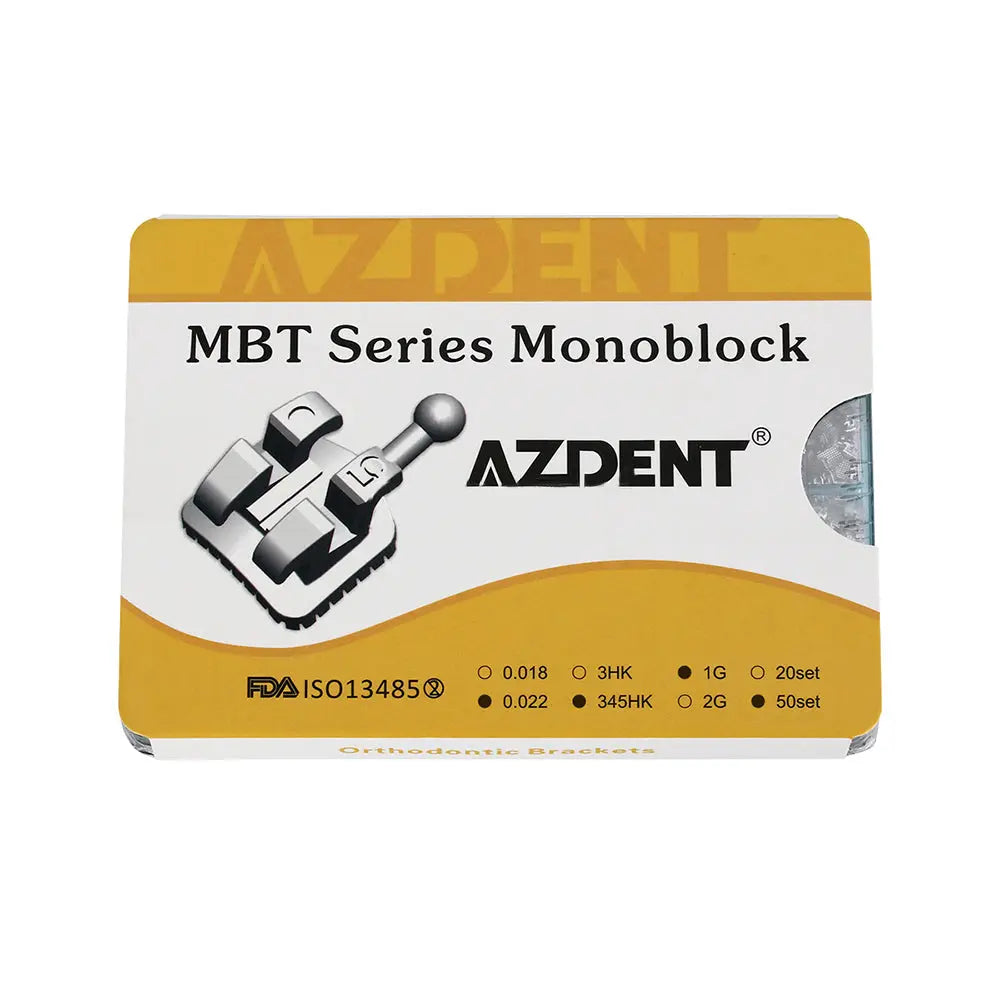 AZDENT MBT Series Monoblock dental brackets package for 1000pcs Dental Metal Brackets Monoblock Mini Roth/MBT .022 Hooks On 345 50 Sets/Box, showing product details and specifications on yellow and white packaging