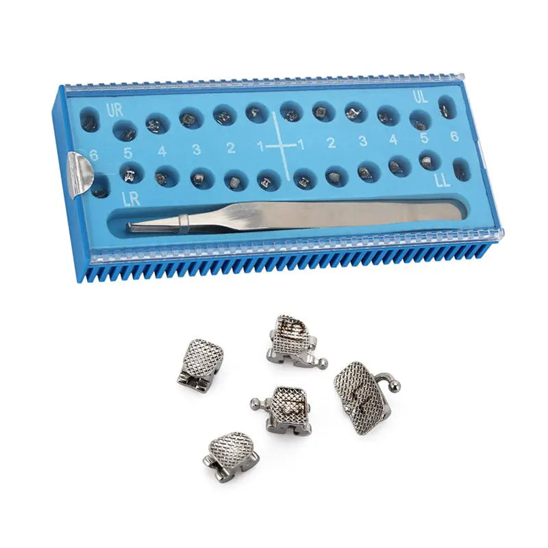 Dental Metal Self-Ligating Brackets Passive Roth .022 kit with blue plastic organizer tray, metal tweezers, and multiple small metal brackets for orthodontic treatment. Includes 24pcs/Box with hooks on 345 and buccal tube for efficient dental procedures.