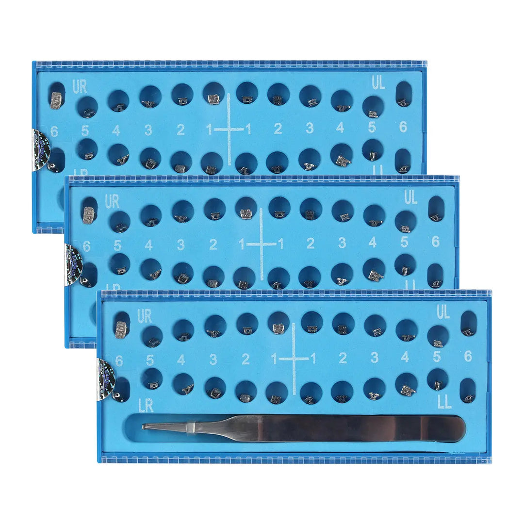 Dental Metal Self-Ligating Brackets Passive Roth .022 with Hooks and Buccal Tube, set of 3 blue orthodontic trays containing brackets and tools for dental procedures, 24pcs/Box product image