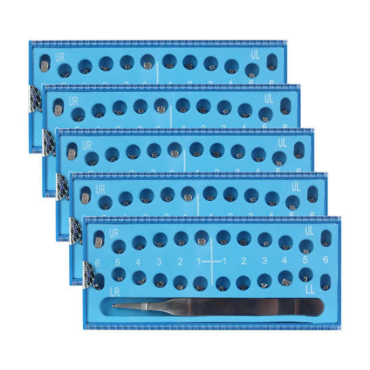 Dental Metal Self-Ligating Brackets Passive Roth .022 with hooks, displayed as blue orthodontic trays containing organized sets of brackets and tubes for dental procedures, 24pcs per box, highlighting precision and professional-grade quality for orthodontic treatments.