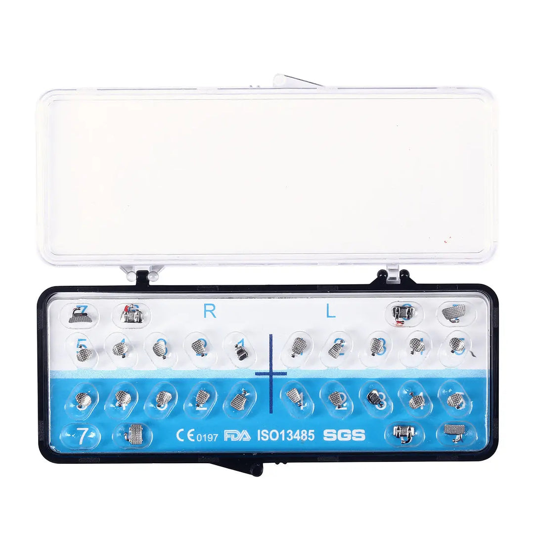 Dental Metal Lingual Bracket Braces with Buccal Tube 24pcs Brackets+4pcs Buccal Tubes/Box displayed in a clear plastic case. Set includes right and left side brackets, organized in rows with blue and white backgrounds, labeled R and L.