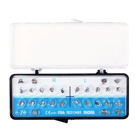 Dental Metal Lingual Bracket Braces with Buccal Tube 24pcs Brackets+4pcs Buccal Tubes/Box displayed in a clear plastic case. Set includes right and left side brackets, organized in rows with blue and white backgrounds, labeled R and L.