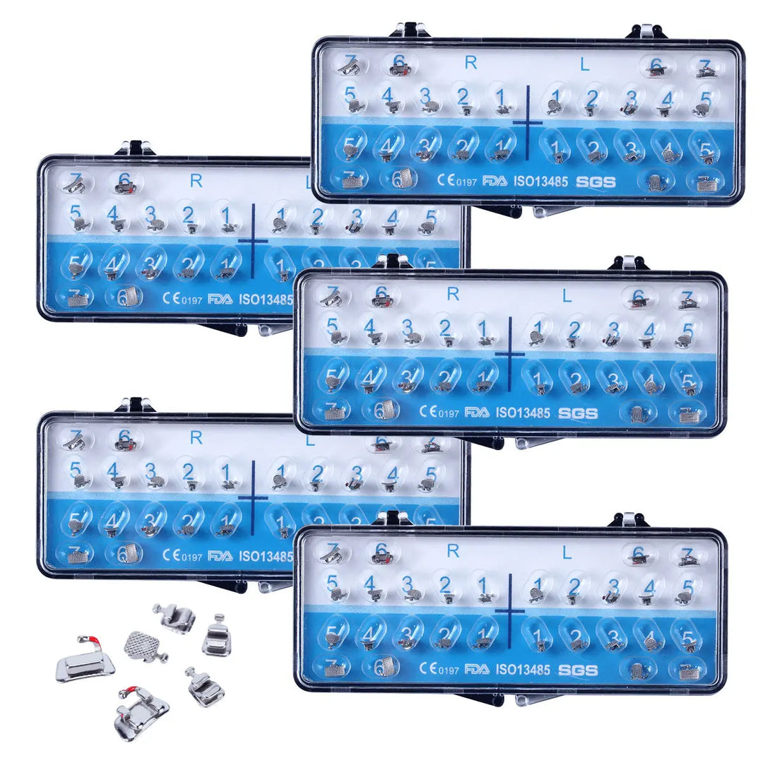 Dental Metal Lingual Bracket Braces with Buccal Tube 24pcs Brackets+4pcs Buccal Tubes/Box displayed in five transparent plastic containers, showing organized rows of small metal brackets and tubes for orthodontic use, with blue and white compartments labeled R and L for right and left sides.