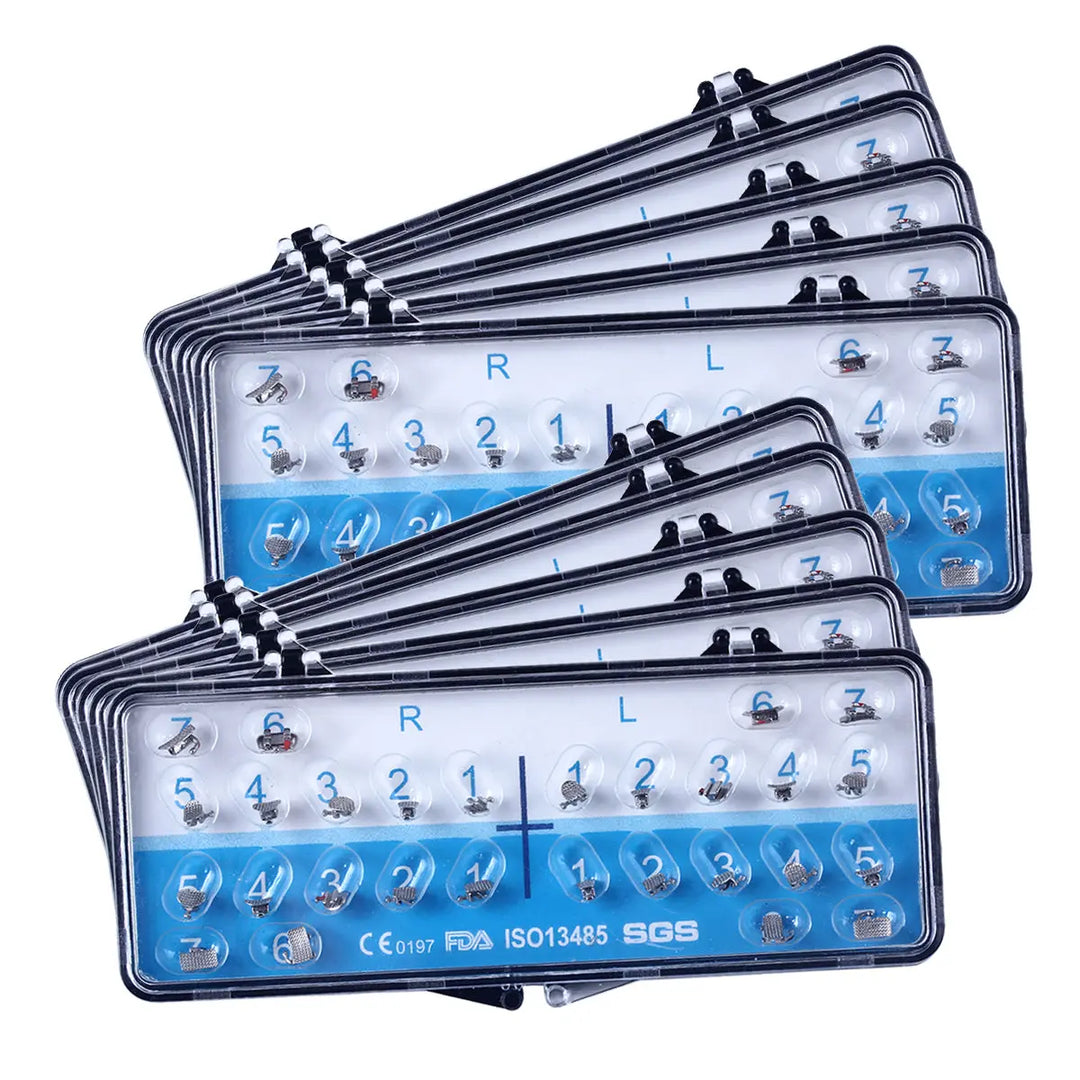 Dental Metal Lingual Bracket Braces with Buccal Tube 24pcs Brackets+4pcs Buccal Tubes/Box displayed as multiple blue and white orthodontic bracket trays with numbered slots for various teeth positions, showing both right and left configurations.