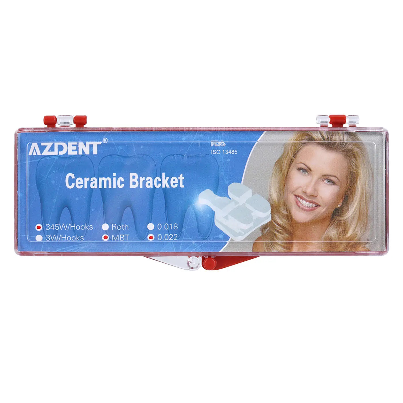 Ceramic Brackets Mesh Base MBT .022 345/Hooks 20pcs/Box, displayed in clear plastic case with AZDENT branding. Product features listed on blue label. White ceramic bracket sample visible. Dental orthodontic product for rapid leveling and alignment.