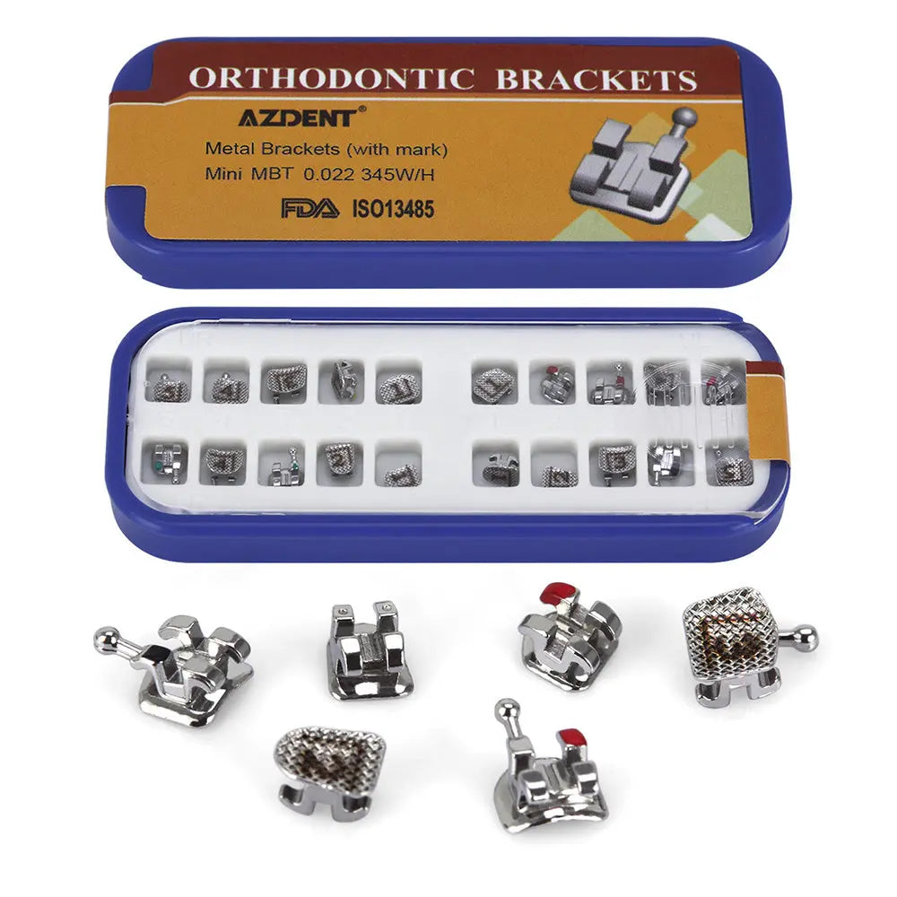 Dental Metal Brackets Mini MBT .022 Hooks on 345 Laser Mark 20pcs/Box: Orthodontic brackets in blue container, showing 20 individual metal braces with laser markings. Close-up of various bracket designs with hooks and mesh bottoms displayed below.