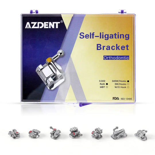 Dental Self-Ligating Brackets Passive Roth .022 Hooks on 345 With Buccal Tube 28pcs/Box. AZDENT orthodontic bracket product box with purple and gold design, featuring close-up of self-ligating bracket and seven different bracket types displayed below.