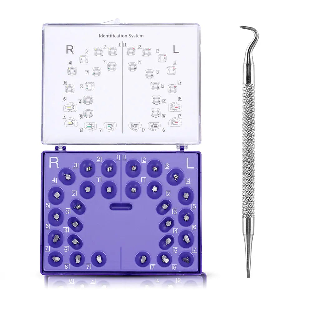 Dental Self-Ligating Brackets Passive Roth .022 set with identification system chart, purple bracket holder displaying 28 slots, and a dental explorer tool for precise placement and adjustment of orthodontic brackets