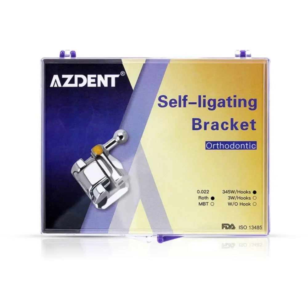 Dental Self-Ligating Brackets Passive Roth .022 Hooks on 345 With Buccal Tube 28pcs/Box: AZDENT orthodontic self-ligating bracket product packaging displaying bracket design and specifications for dental professionals