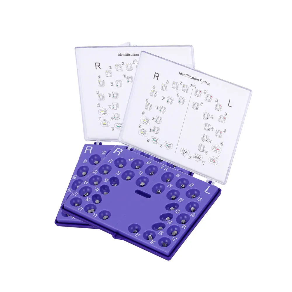 Dental Self-Ligating Brackets Passive Roth .022 set including purple plastic organizer tray with numbered compartments and two identification charts for right and left brackets, showcasing orthodontic equipment for efficient dental procedures