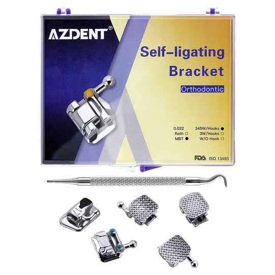 Dental Self-Ligating Brackets Passive MBT .022 Hooks On 345 With Buccal Tube 28pcs/Box. AZDENT orthodontic product box displaying self-ligating bracket system with metal brackets, tools, and packaging details. Includes various bracket designs and dental instruments for orthodontic treatment.