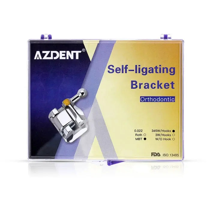 AZDENT Self-ligating Bracket Orthodontic product box for Dental Self-Ligating Brackets Passive MBT .022 Hooks On 345 With Buccal Tube. Clear plastic case displaying metallic bracket and product details on purple and gold background.