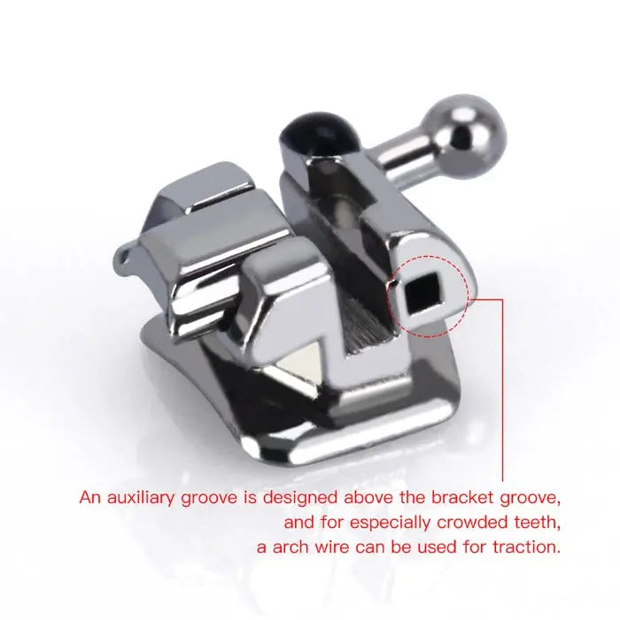 Dental Self-Ligating Brackets Passive MBT .022 with auxiliary groove above bracket groove for arch wire traction in crowded teeth. Metallic bracket with ball-ended lever and compact design for comfortable orthodontic treatment, reduced friction, and easy cleaning.