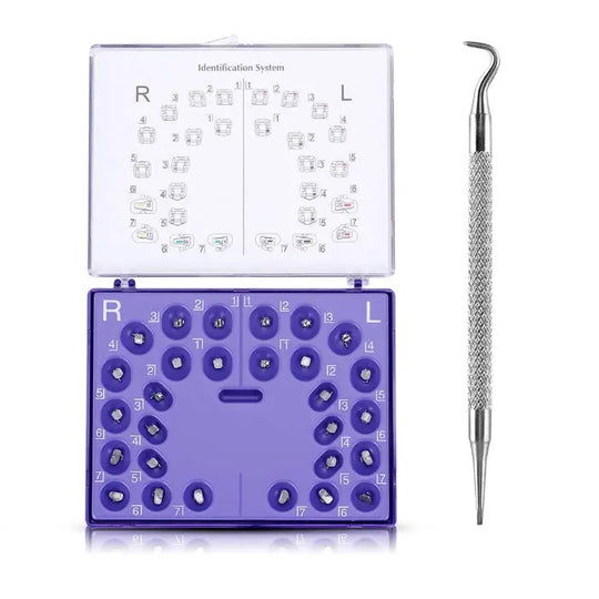 Dental Self-Ligating Brackets Passive MBT .022 Hooks On 345 with dental tool kit including purple bracket organizer and metal dental probe, showcasing orthodontic equipment for precise teeth alignment and treatment