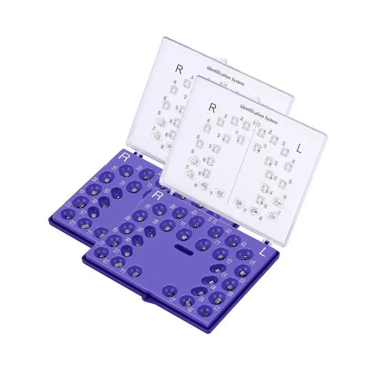 Dental Self-Ligating Brackets Passive MBT .022 Hooks On 345 With Buccal Tube 28pcs/Box displayed in purple plastic case with identification chart, showing orthodontic brackets and tubes organized in numbered slots for easy selection and use