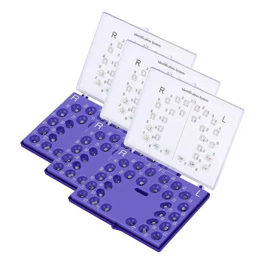 Dental Self-Ligating Brackets Passive MBT .022 Hooks On 345 With Buccal Tube 28pcs/Box displayed in purple plastic trays with transparent lids showing tooth numbering and bracket positions for orthodontic treatment