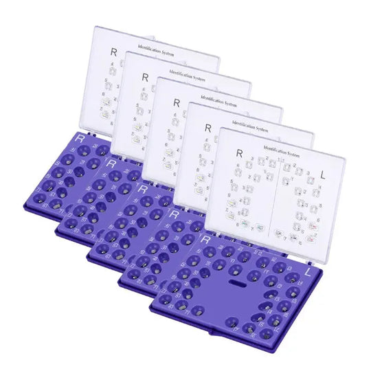 Dental Self-Ligating Brackets Passive MBT .022 Hooks On 345 With Buccal Tube 28pcs/Box displayed in five purple plastic cases with white lids, showing bracket arrangements for both upper and lower teeth, labeled R and L for right and left sides.