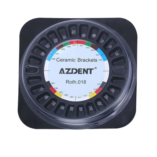 Ceramic Brackets Roth .018 Hooks 345 20pcs/Box: Circular tray of AZDENT orthodontic ceramic brackets with colorful size indicators, displaying Roth.018 system. Dental product for precise tooth alignment and aesthetics.