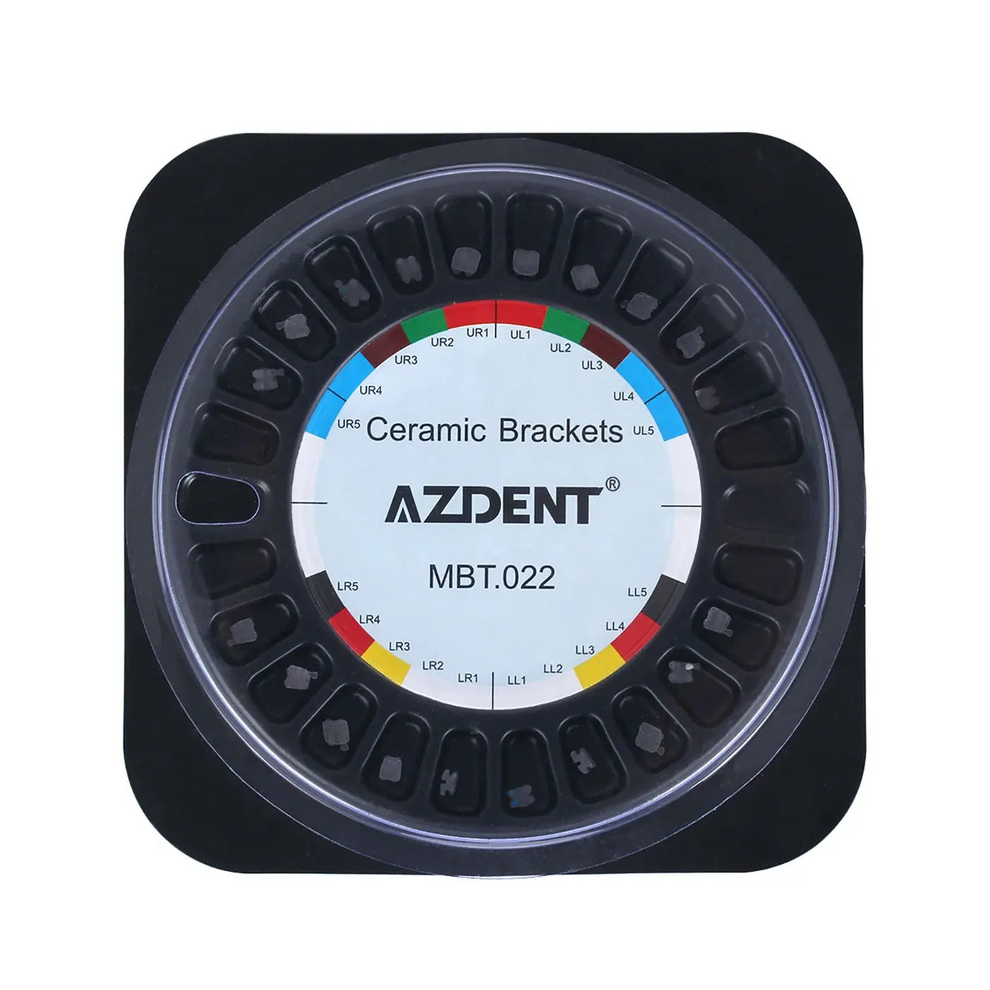 Ceramic Brackets MBT Slot .022 Hooks 345 20pcs/Box - Circular container displaying AZDENT brand dental orthodontic ceramic brackets with colorful markings for MBT.022 slot system, designed for precise tooth alignment and treatment