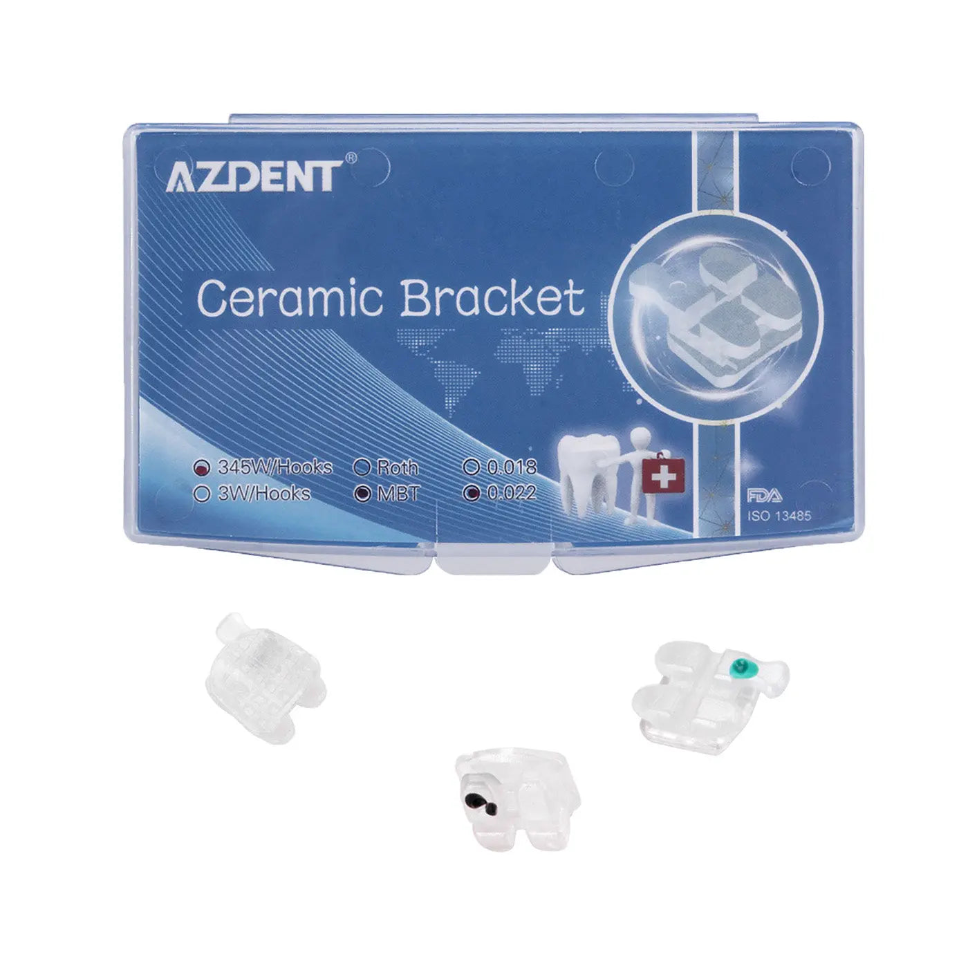 Dental Ceramic Bracket MBT 0.022 Hooks On 345 20pcs/Box - AZDENT brand packaging displaying ceramic orthodontic brackets with transparent plastic case, product information, and three ceramic bracket samples shown below, highlighting their transparent and discreet design for dental use.