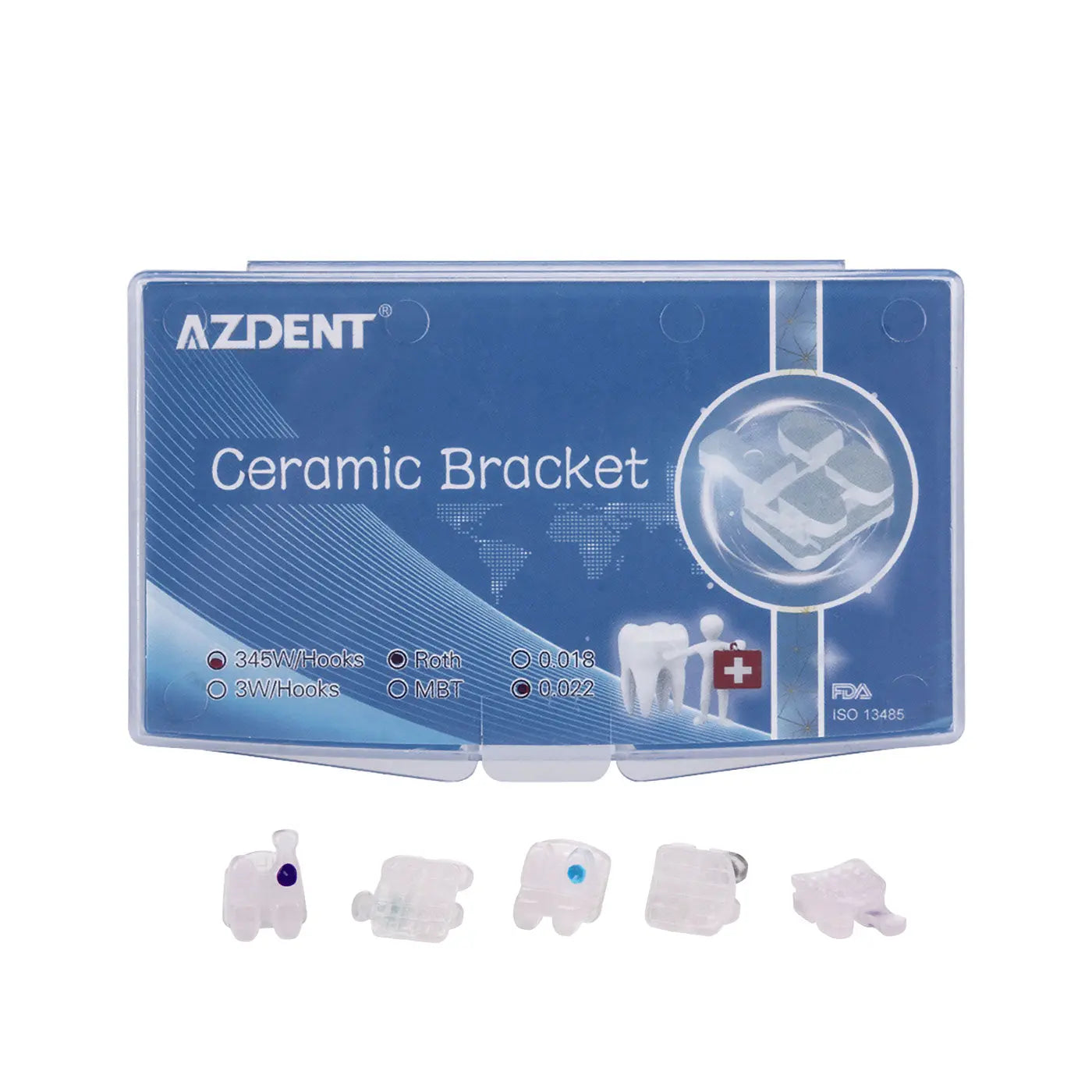 Dental Ceramic Bracket Roth 0.022 Hooks On 345 20pcs/Box: Blue packaging displaying AZDENT Ceramic Bracket product with transparent case showing five ceramic orthodontic brackets in different sizes and designs for dental use.