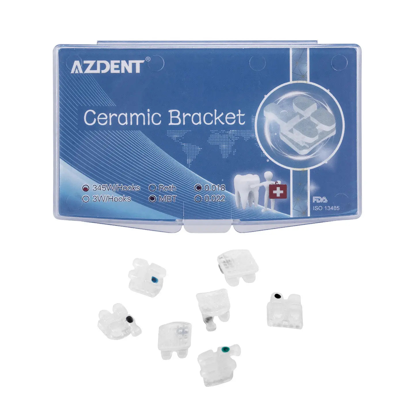 Dental Ceramic Bracket MBT 0.018 Hooks On 345 20pcs/Box: AZDENT product packaging with ceramic orthodontic brackets. Blue box featuring brand logo, product name, and icons. Several white ceramic brackets displayed below, showcasing their transparent design for discreet dental alignment.