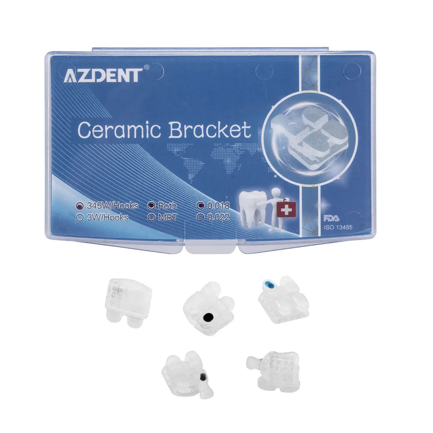 Dental Ceramic Bracket Roth 0.018 Hooks On 345 20pcs/Box: AZDENT ceramic bracket product packaging with blue label and world map design, featuring transparent ceramic brackets displayed below. Advanced orthodontic solution for invisible, metal-free teeth alignment.