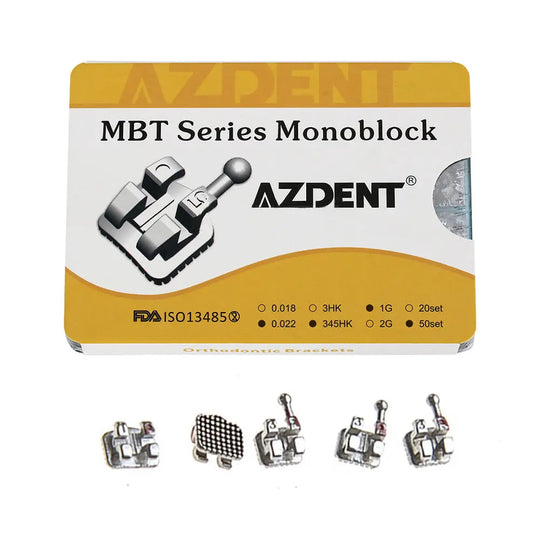 Dental Metal Brackets Mini MBT .022 Hooks - AZDENT MBT Series Monoblock packaging with product image showing various bracket styles for 1000pcs orthodontic braces, 50 sets per box