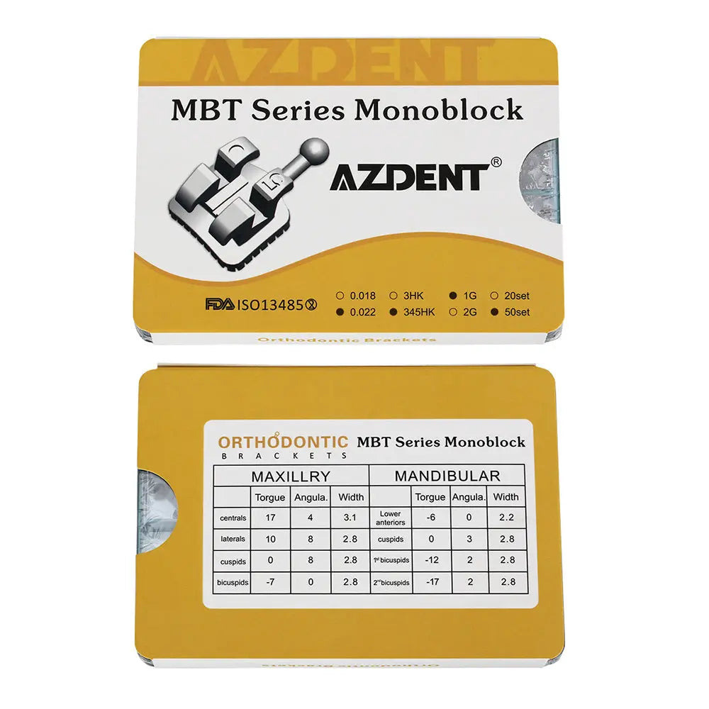 AZDENT MBT Series Monoblock dental brackets packaging for 1000pcs Dental Metal Brackets Mini MBT .022 Hooks on 345 50 Sets/Box, showing product details and specifications for maxillary and mandibular orthodontic brackets on yellow background.