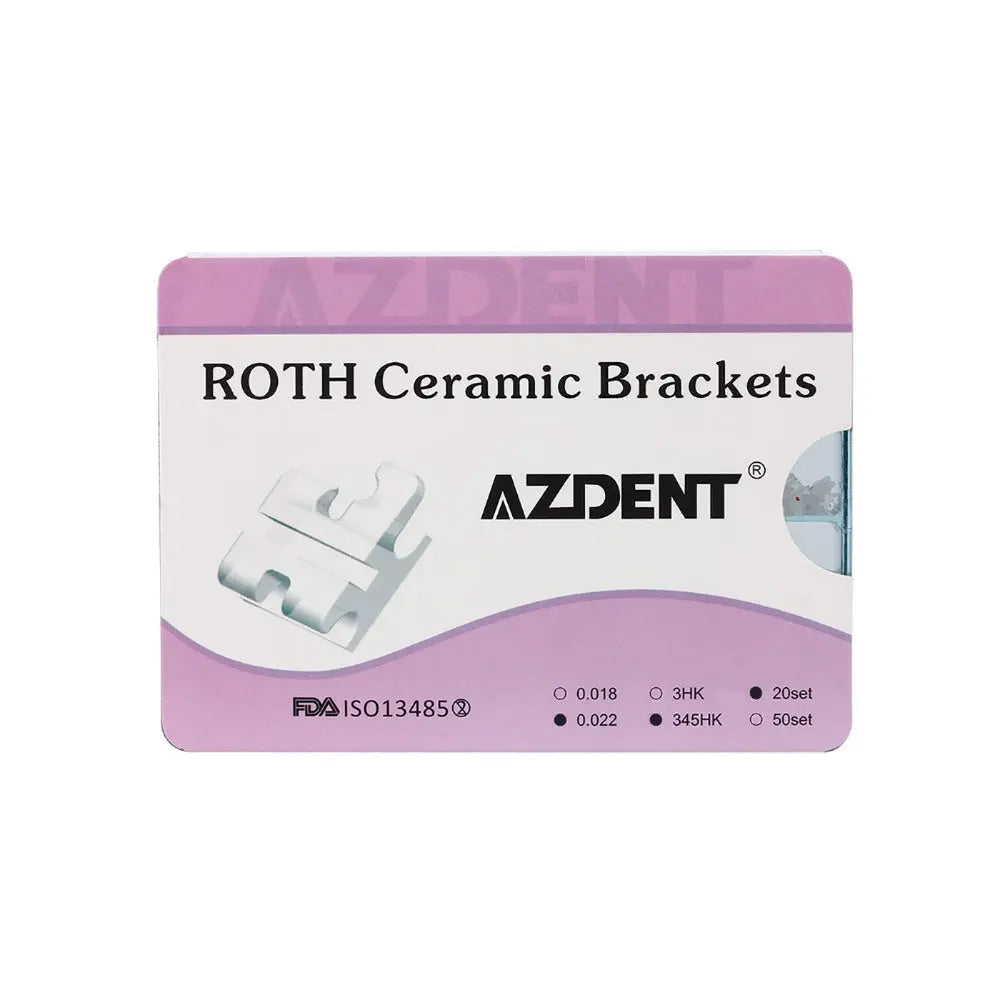 Ceramic Brackets Roth .022 345/Hooks 400pcs/Box - AZDENT brand orthodontic ceramic brackets packaging with Roth system specifications, FDA certified, displayed on pink-bordered card showing product details and sizes