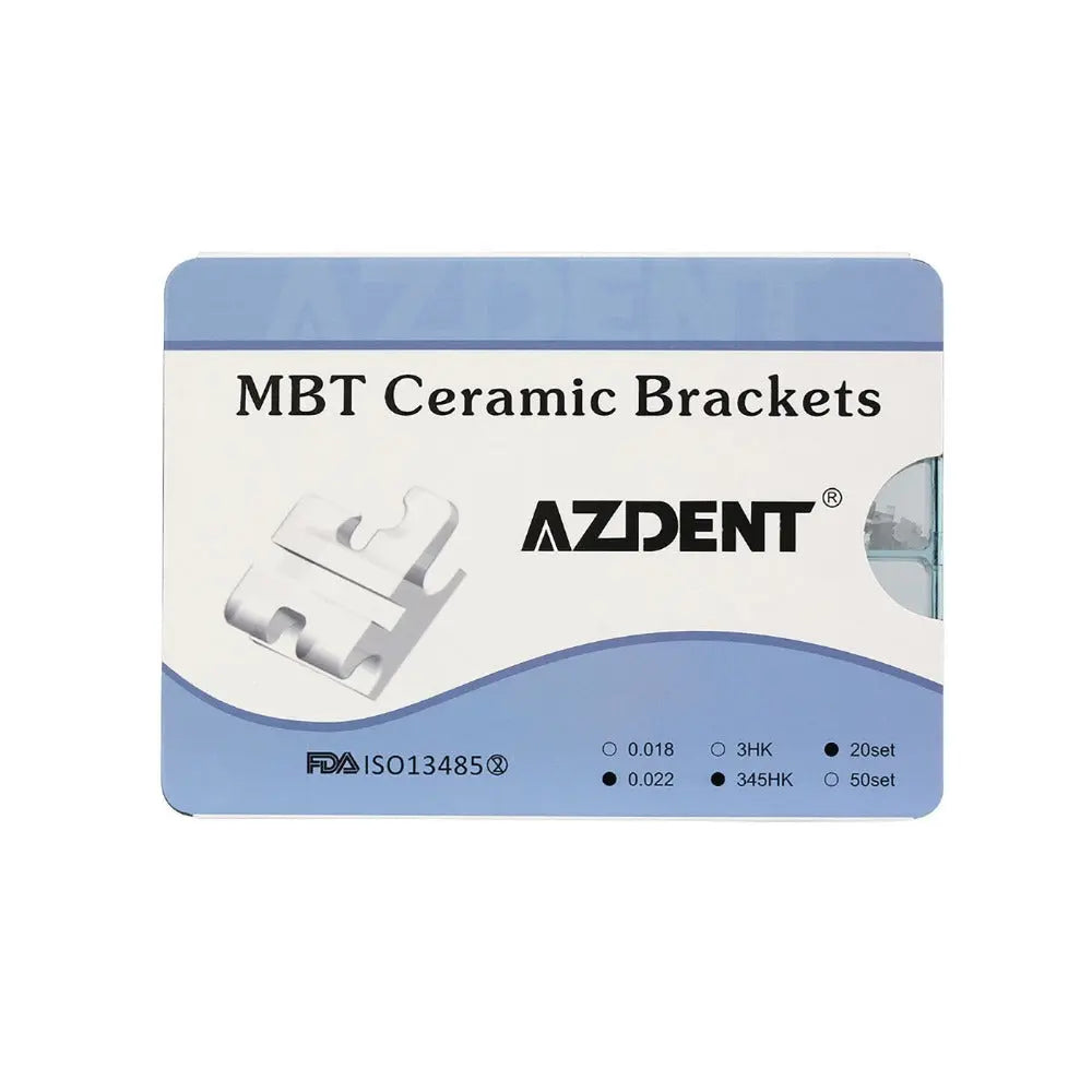 Ceramic Brackets MBT .022 345Hooks 400pcs/Box: AZDENT brand packaging for MBT ceramic orthodontic brackets, showing product details and FDA certification. Blue and white box design with bracket image and sizing options visible.