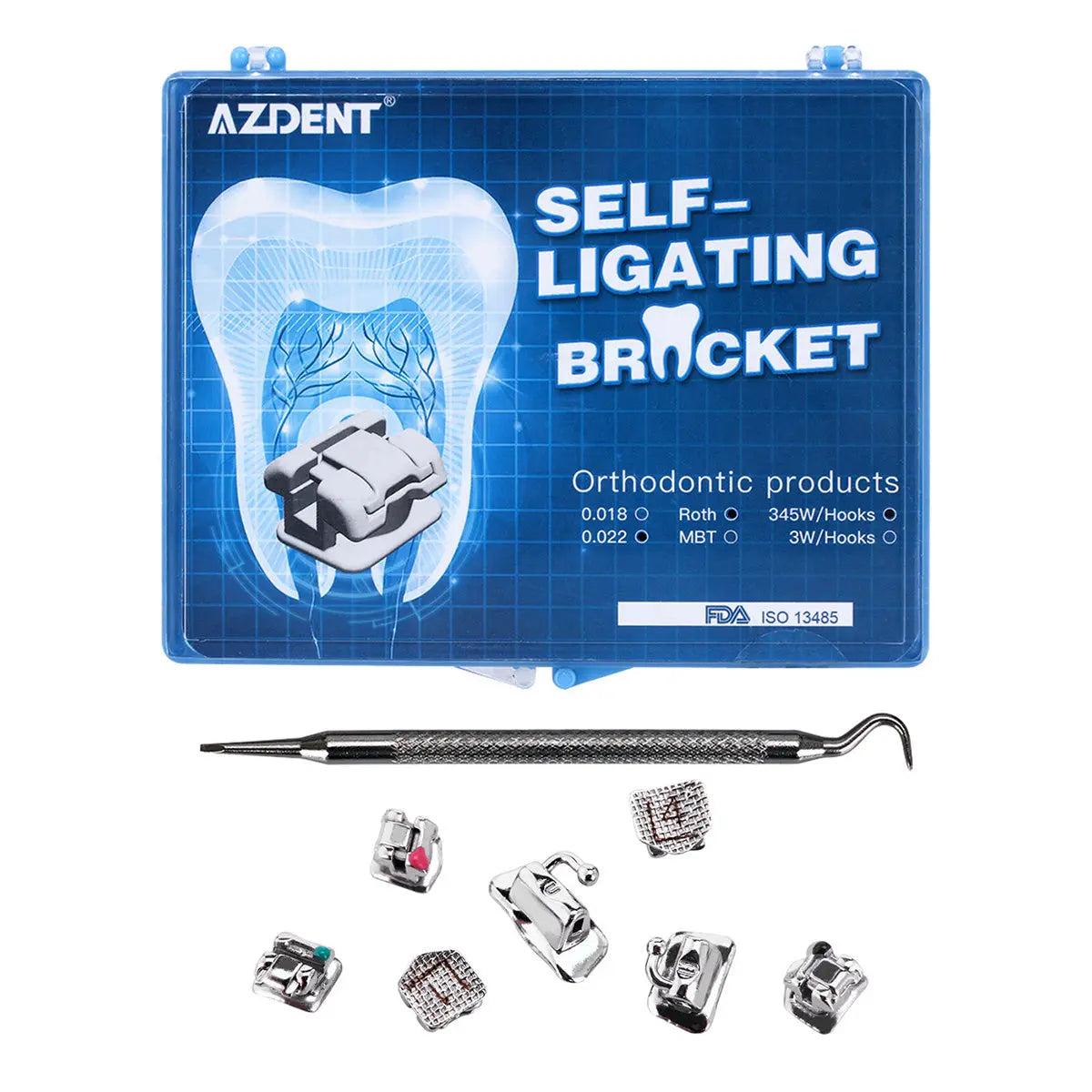 Dental Self-Ligating Metal Brackets Roth .022 Hooks on 345 with Tools 28pcs/Box: Blue case displaying self-ligating bracket diagram, orthodontic tool, and various metal brackets for efficient dental treatment, showcasing AZDENT brand and product specifications.