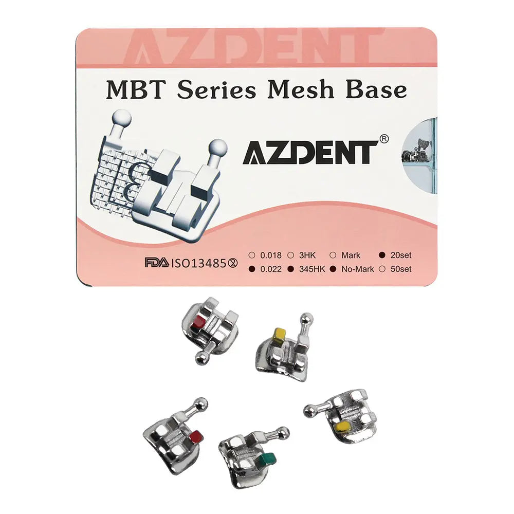 Dental Mesh Base Metal Brackets Mini MBT .022 Hooks on 345 400pcs/Box: AZDENT MBT Series Mesh Base orthodontic brackets displayed on product card with specifications. Close-up of metal brackets with colored markers shown below, illustrating various hook positions and designs.