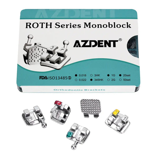 Dental Metal Brackets Mini Roth .018 MIM Monoblock Hooks on 345 400pcs/Box. AZDENT ROTH Series Monoblock orthodontic brackets package with product details and images of various metal bracket types. Includes FDA certification and specifications.