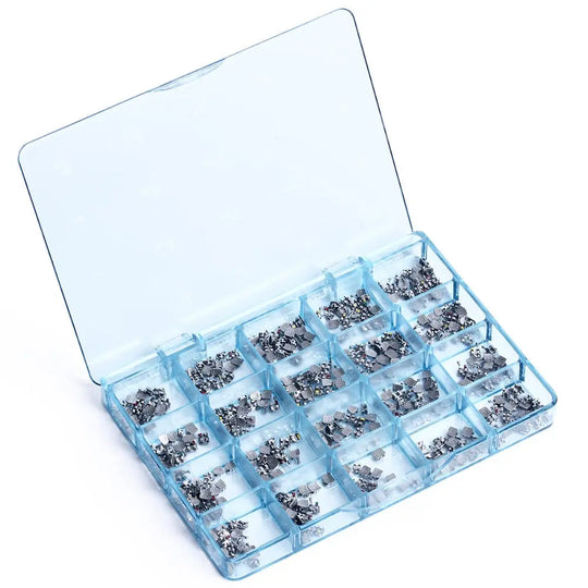 Dental Metal Brackets Mini Roth .018 MIM Monoblock Hooks on 345 400pcs/Box displayed in a clear plastic organizer case with multiple compartments containing small metal orthodontic brackets, showcasing product quantity and organization